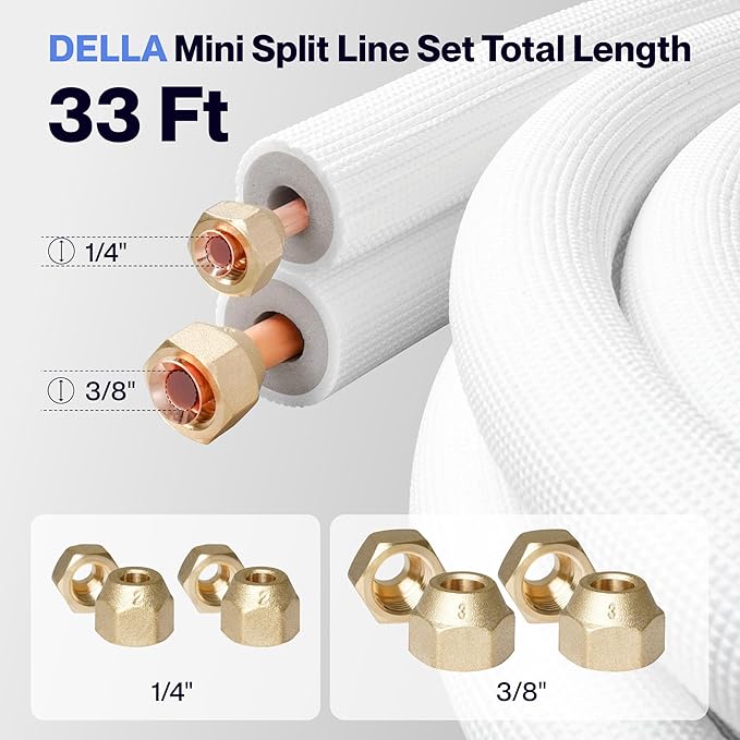 DELLA 33 Ft Mini Split Line Set, Includes 3/8" & 1/4" O.D. Copper Pipes with Flared Nuts and a 3/8" Thick White PE Insulated Coil, Perfect for Mini Split AC and Other HVAC Systems