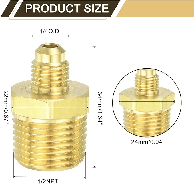 uxcell 2Pcs Brass Tube Fitting, 1/4O.D x 1/2NPT Brass Flared Pipe Adapter Fittings Reducing Nipples Connector, Half Union Gas Adapter for Pipe Connections, Hydraulics, Refrigeration