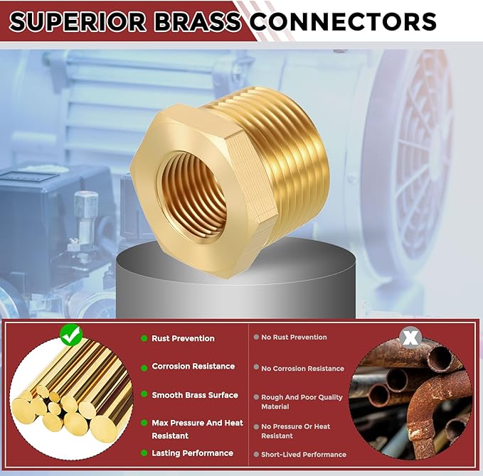 Pack of 3, 3/4" Male NPT to 3/8" FeMale NPT Solid Brass Hex Bushing, Hose Fittings Adapter Reducer Fit for Pipe Leak Repair, Bathroom Remodeling, Tool Extensions, Compression