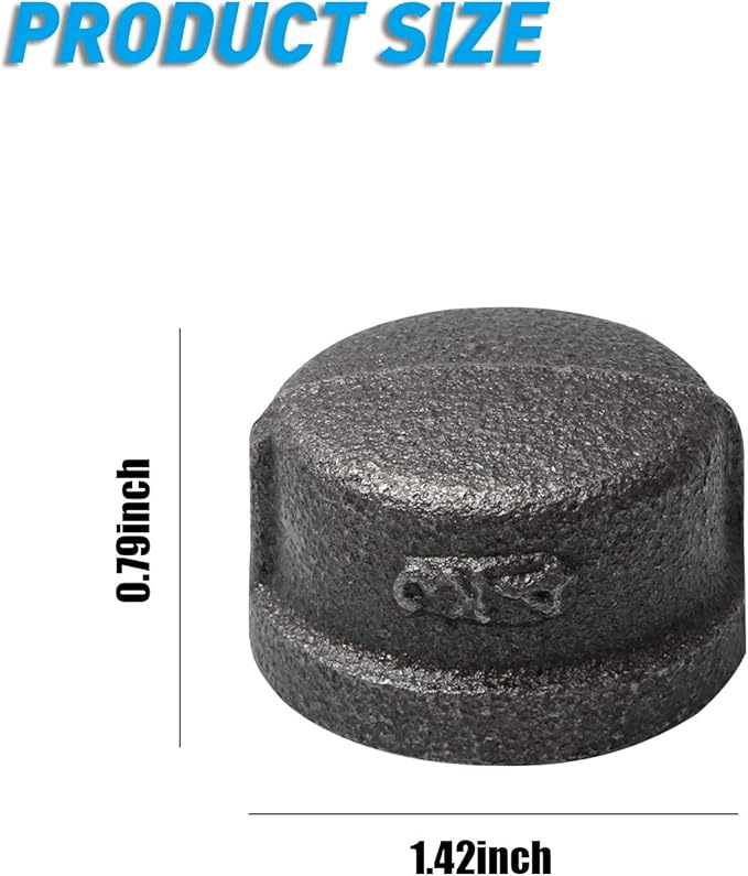 10 Pack Gray Malleable Iron Cast Pipe Caps, 3/4" for Steam-Punk Vintage Shelf Bracket DIY Plumbing Pipe Decor Furniture