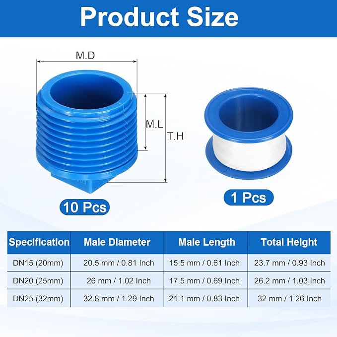 uxcell 5Pcs 1 Inch PT Male Thread PVC Pipe Fitting Plug, Cleanout Plugs, Water Drain End Caps Coupling Adapter with Tape for Water Heater Supply Lines, Plumbing, Blue