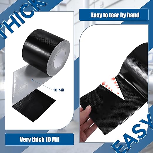 Heavy Duty Black Duct Tape, 10 Mil Extra Thick, 4 in x 60 Yds (180 ft), Waterproof, Strong Adhesive, No Residue, Multi-Purpose Home Repairs, Tearable for Indoor and Outdoor Use