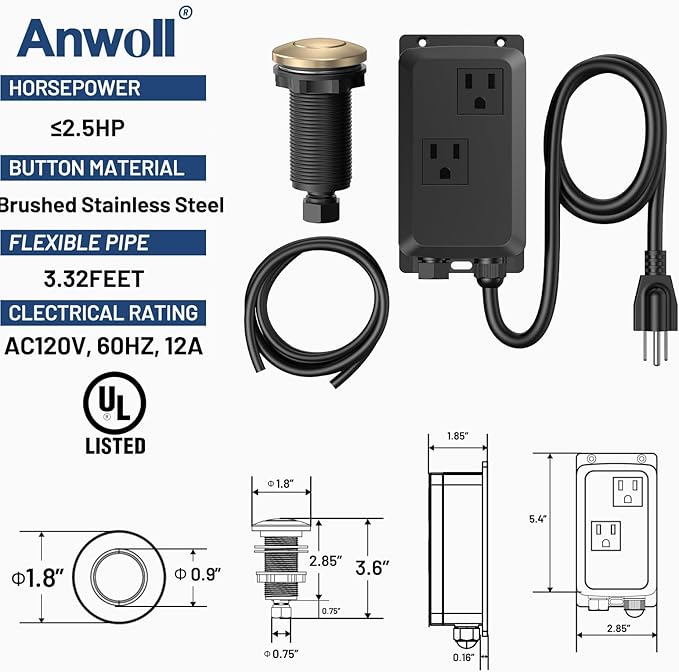 Garbage Disposal Air Switch Kit -Professional, Dual Outlet Sink Top Waste Disposer On/Off, Air Switch Button, UL Listed, Long/3.6“, Champagne Bronze
