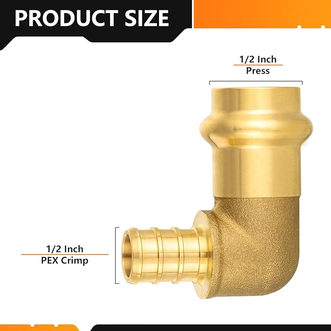 10-Pack HeSun Copper Press Fitting Elbow, 1/2" PRESS X 1/2" PEX F1807 Crimp Elbow, LF Brass