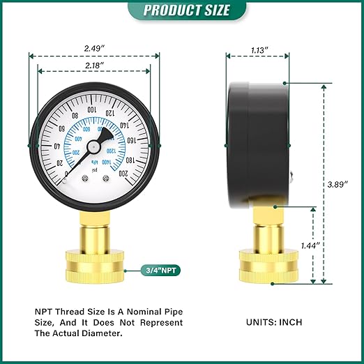 0-200PSI Water Pressure Gauge, 2.5" Dial Size, 3/4" Brass Female Lower Mount, with Sealing Ring, for Tube, Water Pump, Gas, Liquid, Home Water Pressure Tester