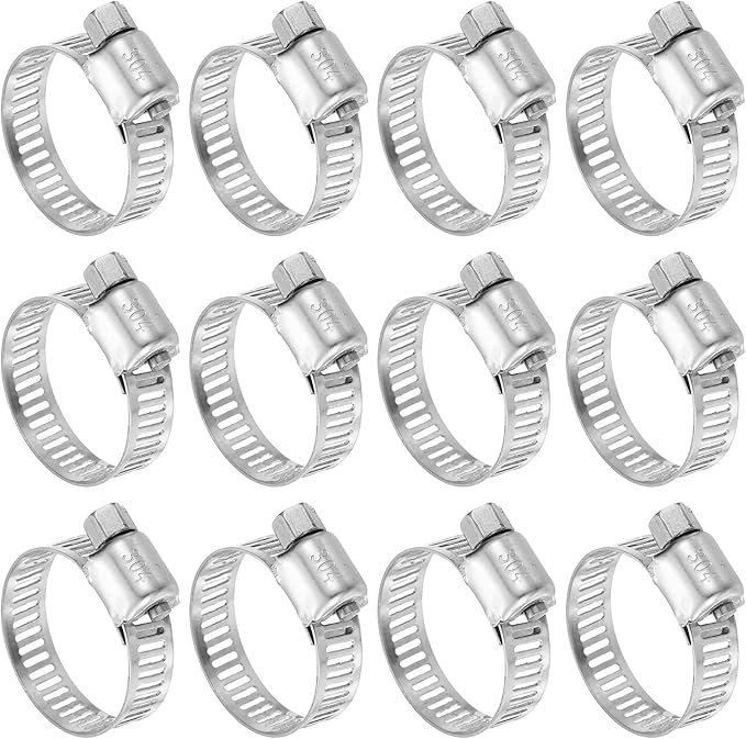 HARFINGTON 12 Pcs Hose Clamp 5/8"-1" (16-25mm) 304 Stainless Steel Adjustable Worm Gear Hose Clamp Assortment Kit for Fuel Line Pipe Plumbing Automotive Tube Mechanical