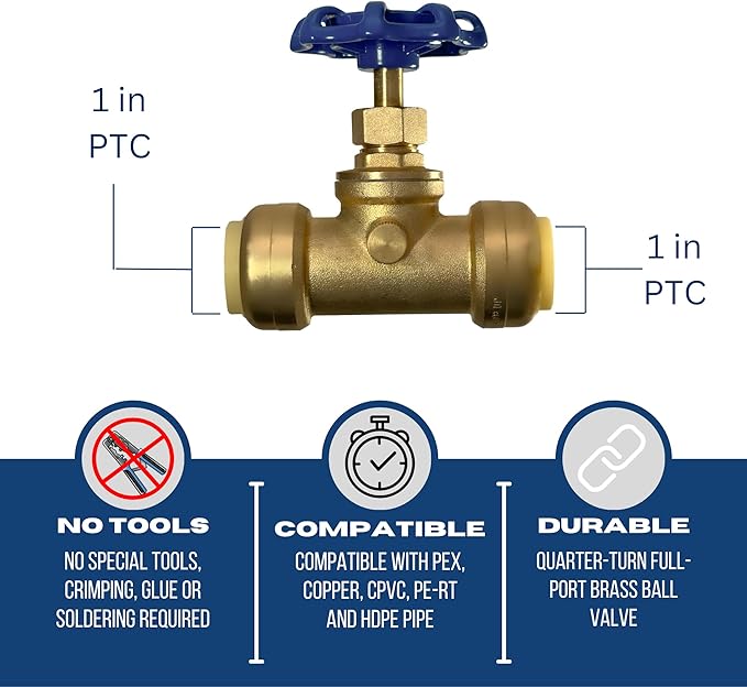 XFITTING 1 inch Push Fit Stop Valve with Drain and Vent, Push to Connect Brass Plumbing Fitting, Pex Pipe, Copper, CPVC, PE-RT, HDPE, 2-5-3=2, 2 Pieces
