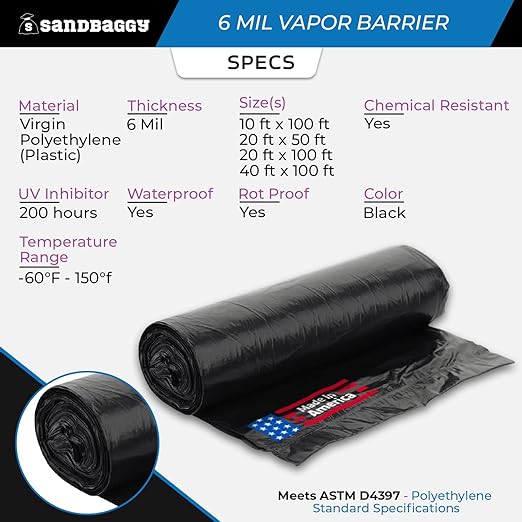 Sandbaggy 20 ft x 100 ft Vapor Barrier 6 Mil | Polyethylene | Black Plastic Sheeting Rolls | Moisture Barrier for Crawl Spaces, Concrete and Laminate Underlayment, Walls (1 Roll)