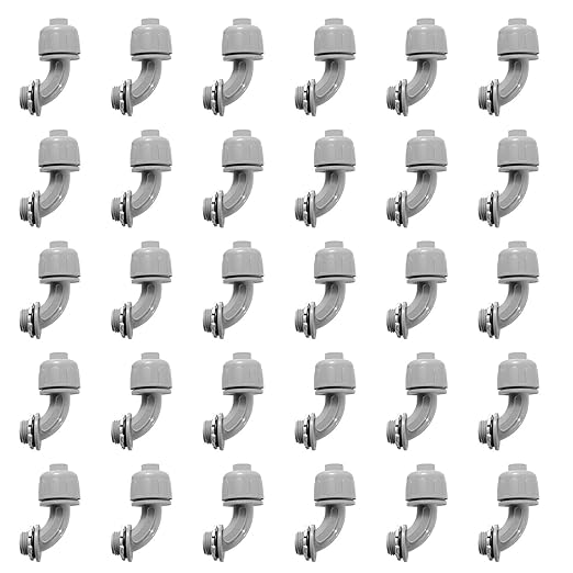 1/2-Inch Liquid Tight Conduit Connectors, NPT Non-Metallic Connector for PVC Electrical Flexible Conduit Fittings, 90-Degree, for Home Outdoor Tubes Tools, UL Listed, Grey, 30-Pack