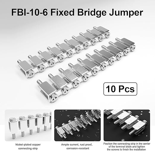 10 Pcs Fixed Bridge Jumper, FBI-10-6 Fixed Bridge Connectors for DIN Rail Terminal Blocks, Insert-Pull Bridging, Compatible with UK2.5B and UK5N, 10 Pole, 100 Screws Included