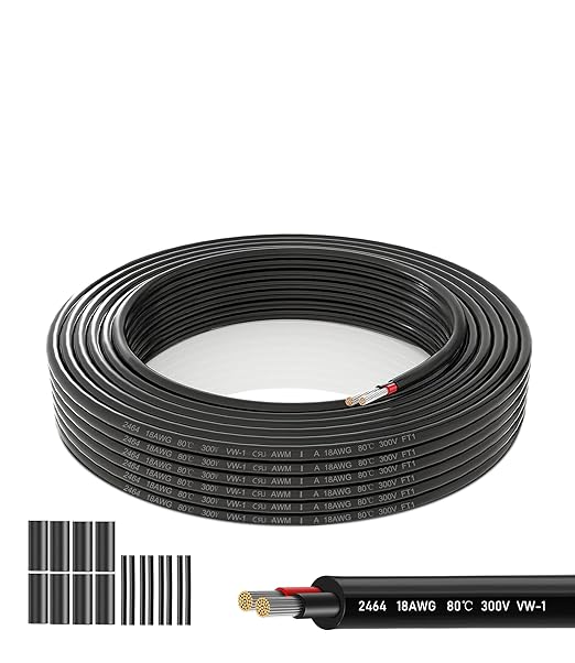 18 AWG 2 Conductor Electrical Wire- 18/2 Gauge Stranded PVC Cord-Oxygen-Free Tinned Copper Core,12V/24V Low Voltage Flexible Cable for LED Strips,Solar Lighting,RV Wiring (49.21FT)