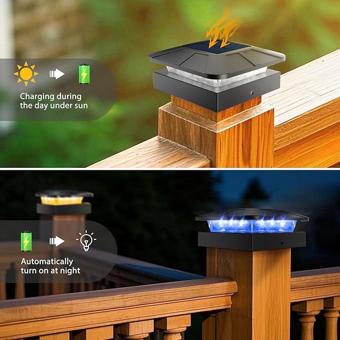 Peasur 4 Packs 4x4 Solar Post Lights Outdoor, Blue & Warm White LED Fence Caps Light Waterproof, Wood & Vinyl Post Top Lighting for Deck Mailbox Railing Porch Outside