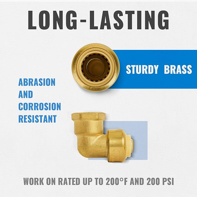 SUNGATOR 1/2 Inch 90 Degree Female Adapter Elbow, 1/2 Inch FNPT, No Lead Brass Push-to-Connect Plumbing Fittings for Pex Pipe, Copper, CPVC, with 1 Disconnect Clip and 1 Sealing Tape, Pack of 2