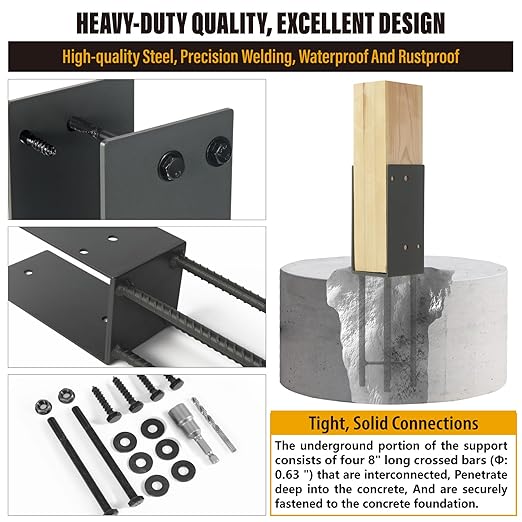 4"x4" Stainless Steels U-Shape Post Holder, Wet Concrete Post Anchor, Heavy-Duty Post Base Bracket for Fence, Deck Railing, Wood Gazebo, Pergola (1pack-Dark Gray)