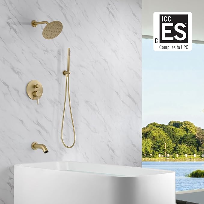 SUMERAIN Shower System with Tub Spout and Handheld Shower, Brass Rain Shower Tub Set with 8 Inches Shower Head and Rough in Valve Brushed Gold