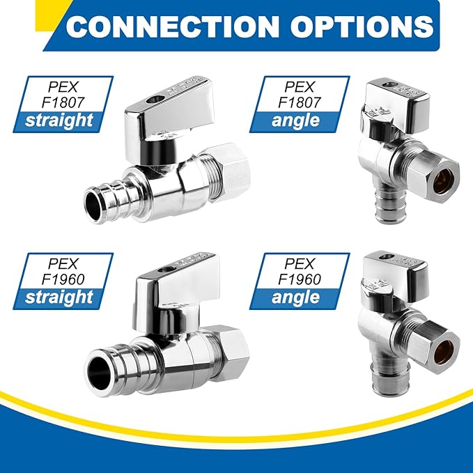 1/4 Turn Angle Stop Valve, 1/2" Crimp Pex F1807 X 3/8" OD Compression For Toilets And Faucets (Pack of 6)