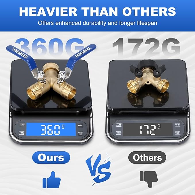 Brass Garden Hose Splitter 2 Way Heavy Duty with 304 Stainless Steel Long Handle, Outdoor Full Flow Hose Bib Splitter Connector, Y Valve 3/4 Inch GHT Thread