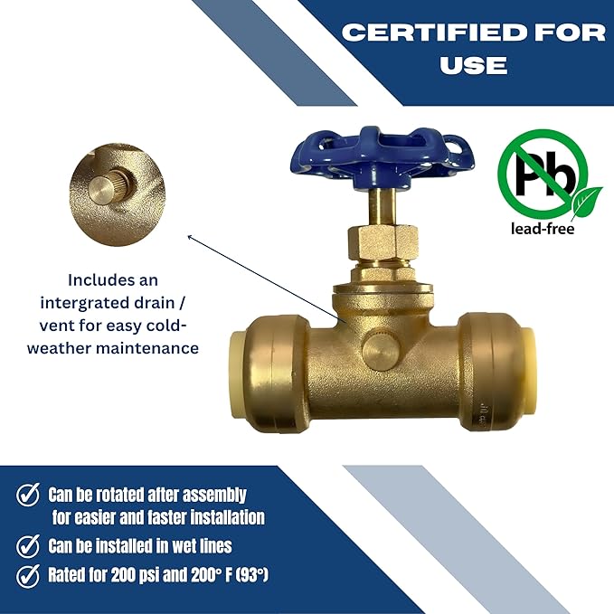 XFITTING 3/4 inch Push Fit Stop Valve with Drain and Vent, Push to Connect Brass Plumbing Fitting, Pex Pipe, Copper, CPVC, PE-RT, HDPE, 2-5-2=10, 10 Pieces