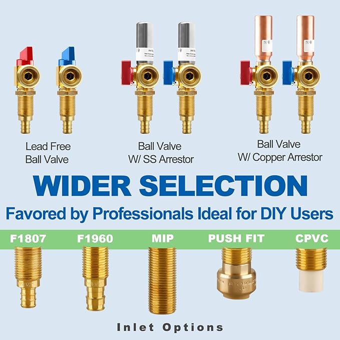 Washing Machine OutLet Box With Copper Water Hammer Arrestor, 1/2 Inch Pex Crimp Inlet x 3/4 Inch MHT Outlet, F1807 Center Drain Laudry Box
