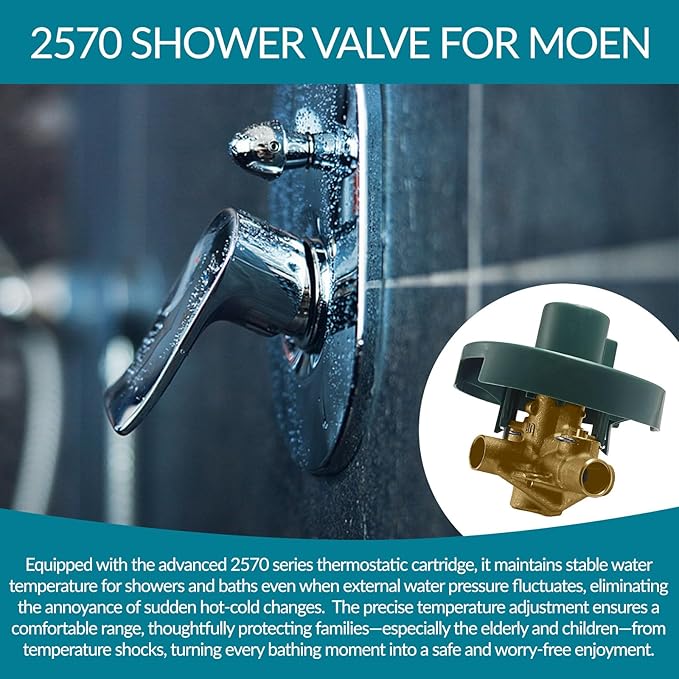 2570 Shower Valve, Pressure Balancing Cycling 4 Port Tub and Brass Shower Valves with Stops Replacement for Moen 2570-1/2 Inch CC Connections, For moen Trim Kit, Includes 1222 cartridge