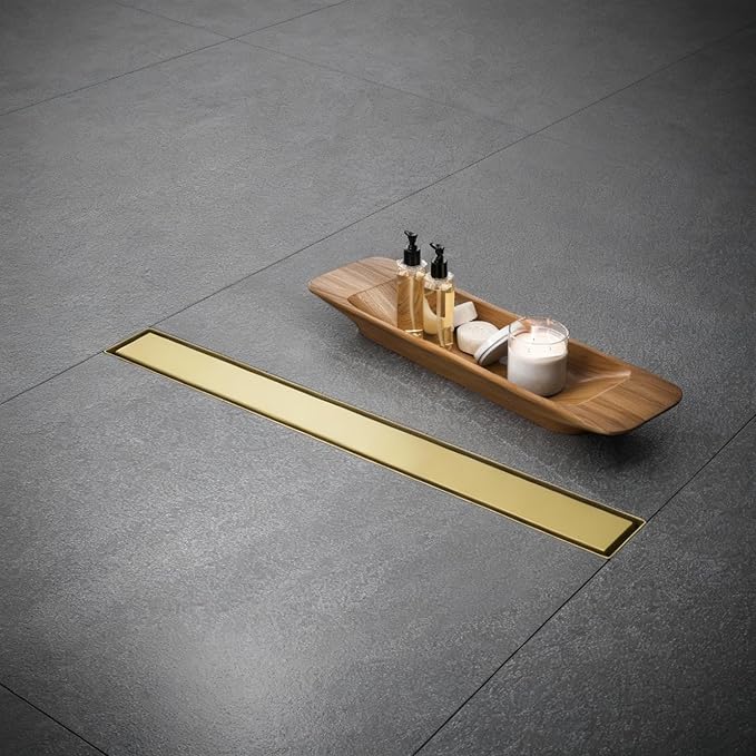 Linear Shower Floor Drain, Brushed Gold 12 Inch 304 Stainless Steel Bathroom Drains Kit, Rectangular Shower Trench Drain with Reversable Tile-in Pattern Drain Cover & Hair Catcher