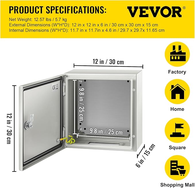 VEVOR NEMA Steel Enclosure 12×12×6,NEMA 4X Steel Electrical Box,IP66 Waterproof & Dustproof,Outdoor/Indoor Electrical Junction Box,with Mounting Plate