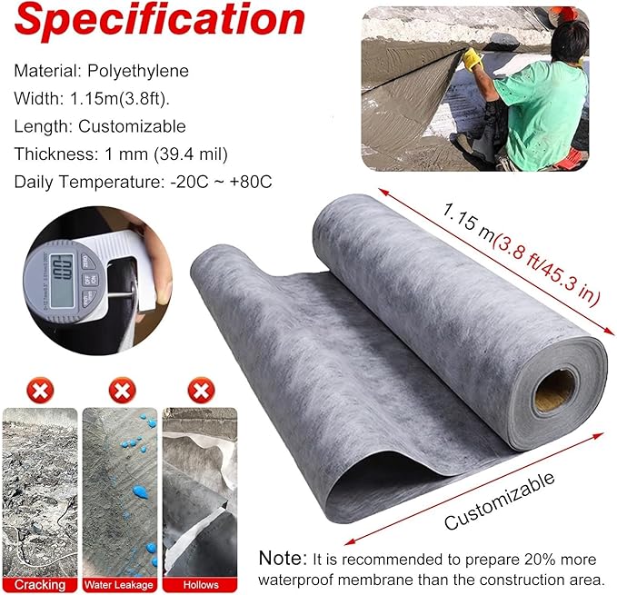 Waterproofing Membrane Anti-Fracture Fabric for Bathroom Shower Walls and Tile Underlayment, Prevents Water Seepage Over Concrete Foundations