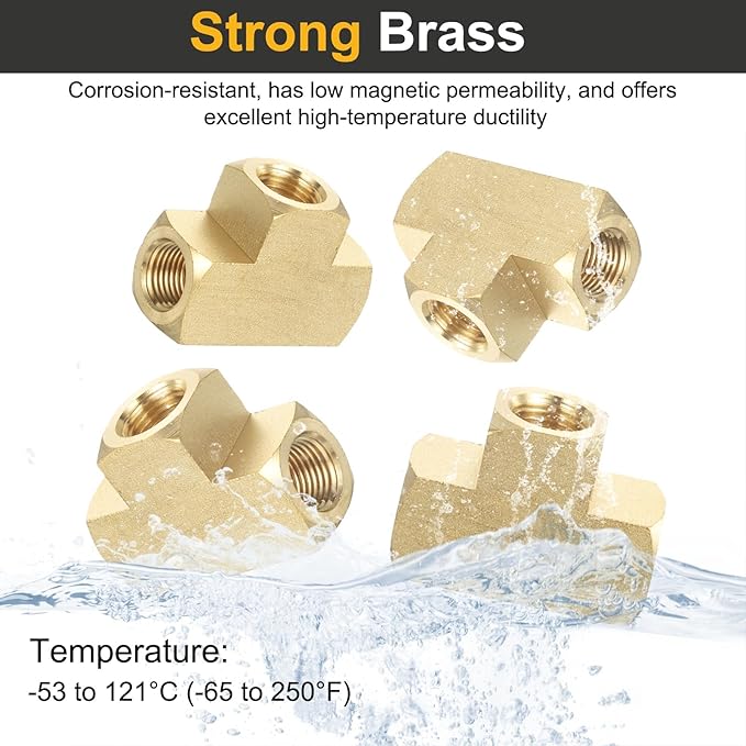 PATIKIL Brass Tee Fitting, 2Pcs 1/4" x 1/4" x 1/4" NPT Female Pipe 3 Way Forged Brass Barstock Street T-Fittings Pipe for Water Gas Refrigeration