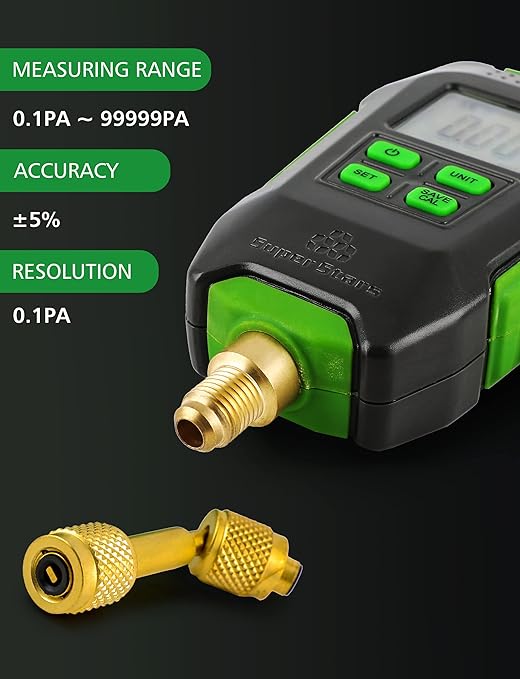 Digital Micron Vacuum Gauge 1/4" SAE, Digital Pressure Tester Meter HVAC, Alarm Notice, Temp Compensation, LCD Display, 4 Units