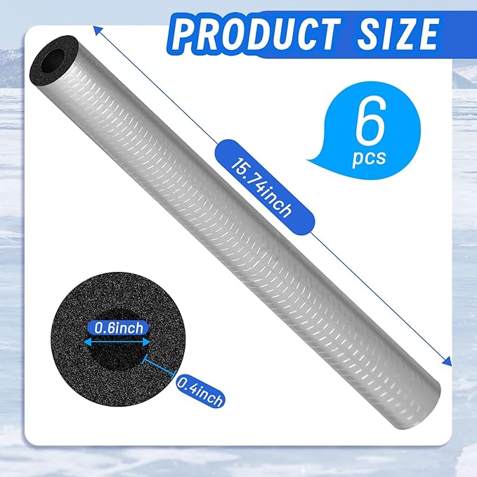 6Pack Pipe Insulation Foam Tube for 3/5'' Pipes, Pre-Slit Duct Wrap with Aluminum Foil for Outdoor Winter Cold Hot Water Pipe Winterizing Heat Preservation Reduce Heat Loss ( 0.6" ID)