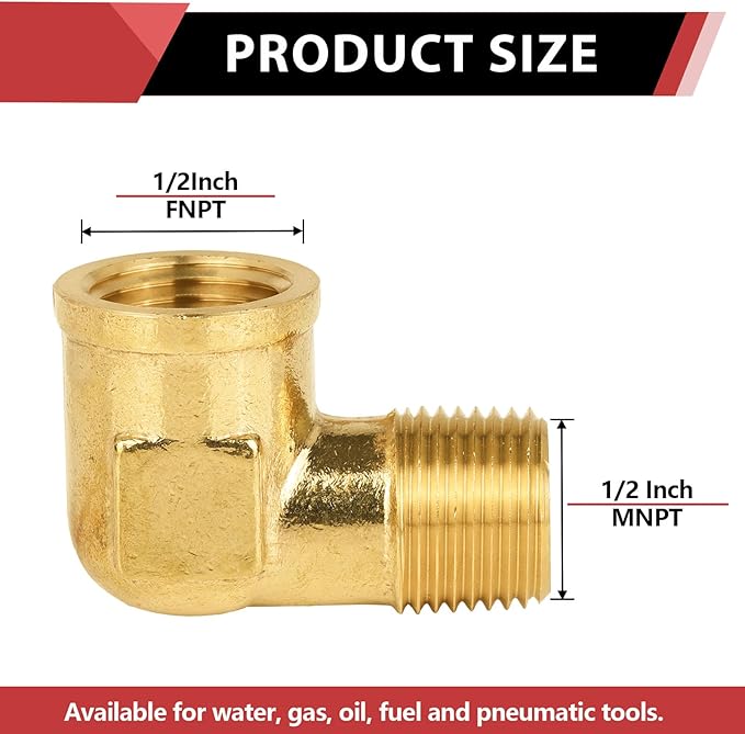 (Pack of 2) EFIELD 1/2" MNPT X1/2" FNPT 90 Degree Barstock Street Elbow, Female to Male Brass Pipe Fittings,(NPT121)