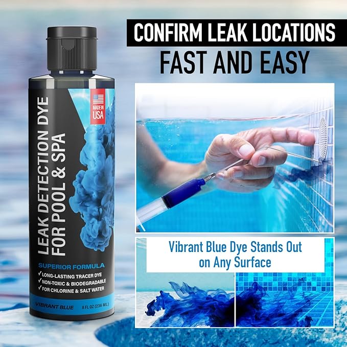 Pool Leak Detection Dye Kit - with 2 Precision Applicators - Made in USA - Superior Long Lasting UV Pool Dye Easily Locates Leaks - for All Pool, Spa, & Hot Tub Types - 8 OZ (Vibrant Blue)