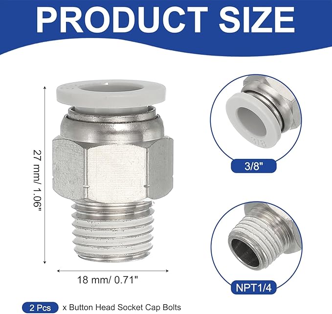 MECCANIXITY 2 Pcs NPT Push to Connect Air Fittings, Male Straight 3/8" Tube OD x 1/4" NPT Thread Air Quick Connector Coupling Adapter for Gas Hose Pneumatic Tools White