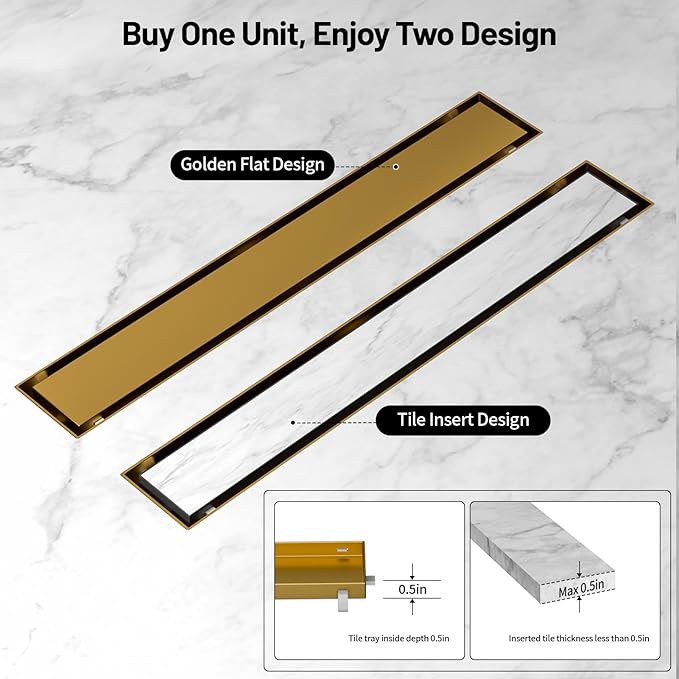 Linear Shower Drain, 304 Stainless Steel with Adjustable Leveling Feet, Hair Strainer,Reversely Install Place to Create an Invisible Floor Drain - Gold -18-Inch