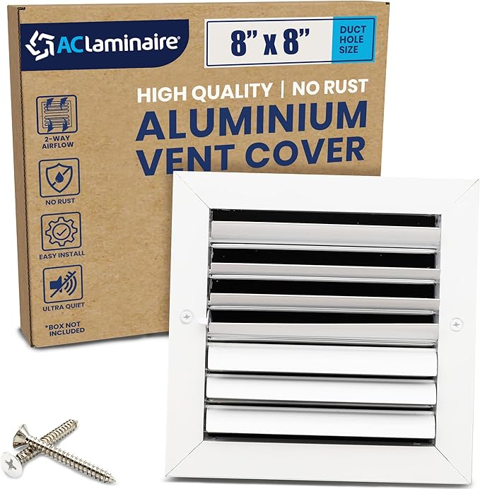 8x8 Inch (Duct Opening) Aluminum 2-Way Air Flow Vent – HVAC Vent Cover for Wall or Ceiling – Quiet HVAC Wall Register with Multi-Shutter Damper – Adjustable Curved Blade - Plastic Seal for Tight Fit