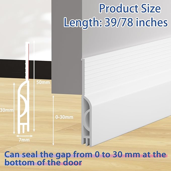 Under Door Draft Stopper, Self-Adhesive Door Sweep for Bottom of Door, Weather Stripping Doors Seal Soundproofing Insulation Strip, Doors Bottom Gap Blocker for Exterior/Interior (1M, White)
