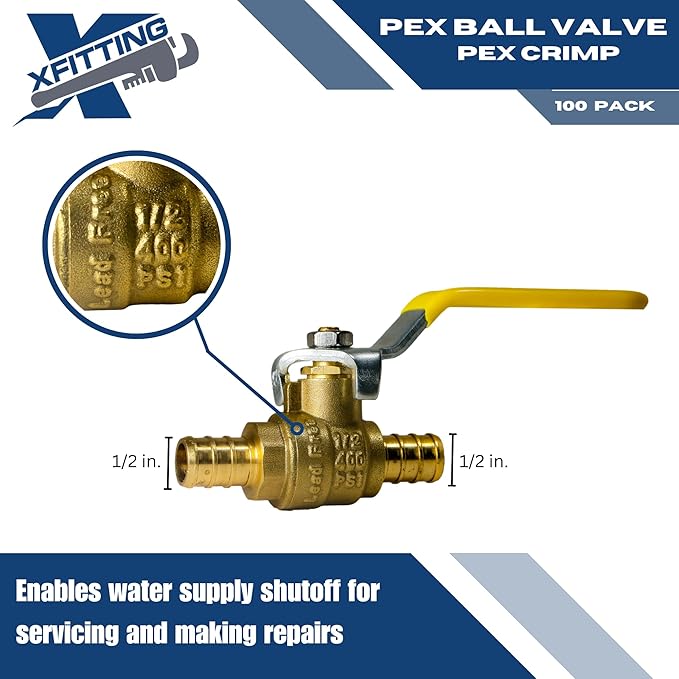 XFITTING 100 Pieces 1/2" Pex Ball Valve, 23-3-1=100X (100 Packs)