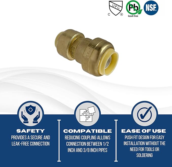 XFITTING Push Fit 1/2 Inch x 3/8 Inch Push Fit Coupling, Push Fit Reducing Coupling, 27-6-8=5XX, 5 Pieces