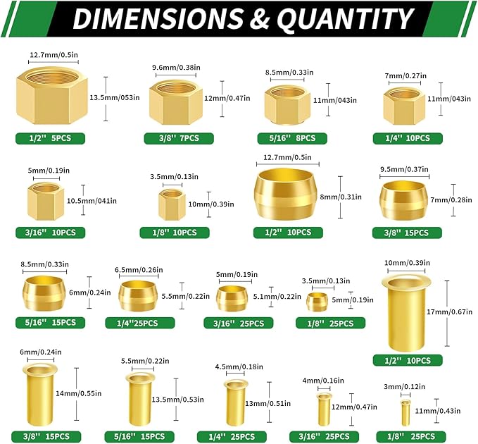 280pcs 1/2" 3/8" 5/16" 1/4" 3/16" 1/8" Brass Compression Sleeves Ferrules Inserts Nuts Fittings Assortment Kit, 6 Sizes Hose Repair Kit of Air Water Fuel Oil Gas Tube Lines
