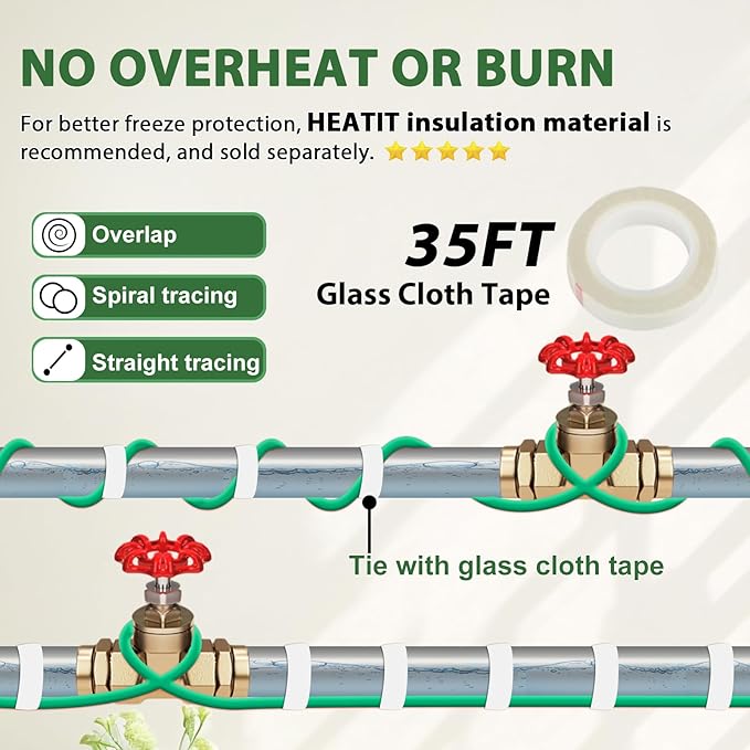 HEATIT Pipe Heat Cable for Water Pipe Freeze Protection, Self-Regulating Heat Tape for Metal And Plastic Home Pipes, Anti-Freeze Pipe Heating Trace System 120 V 35FT