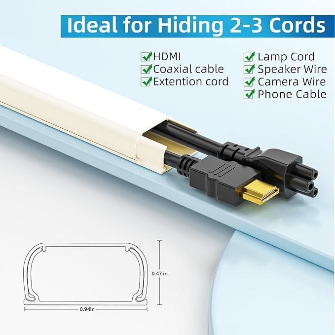 Yecaye 142in Wall Cord Hider for 2-3 Cords, On-Wall Cord Cover Channel, Cable Concealer, Cable Cover Cords Management for Home Office, W0.94in H0.47in, Beige
