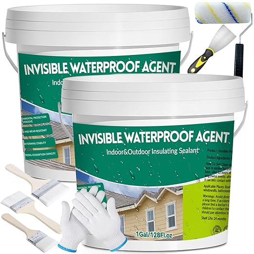 2Gal/256Fl.oz Transparent Waterproof Coating Invisible Waterproof Agent Set with Indoor&Outdoor Insulating Sealant with Wooden Brush Putty Knife Cut Resistant Work Gloves Paint Roller