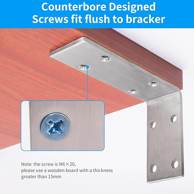 YUMORE Shelf Bracket 8 inch, Heavy Duty (1/5") Thick Solid L Brackets, Max Load: 230lbs, Stainless Steel Countertop Bar Top Support Brackets Wall Mounted, Includes Hardware, 2 Pack