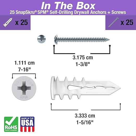 TOGGLER 57125 Self Drilling Snapskru Drywall Anchors with Screw 50-Pieces Pack