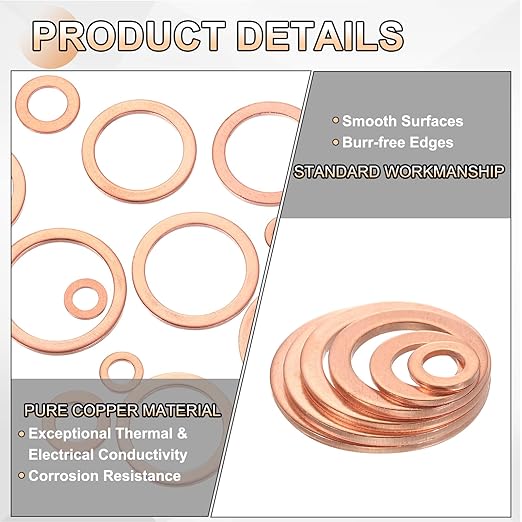 uxcell 100Pcs M12 Flat Washer Copper Washer Sealing Rings, 12mm ID 18mm OD 1.5mm Thickness Copper Crush Washers Metric Sealing Gasket for Plumbing Machinery Automotive