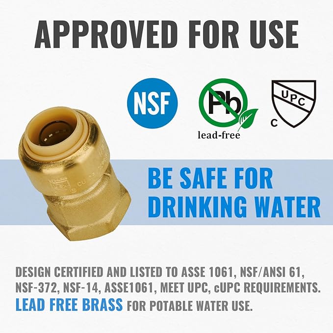 SUNGATOR 1/2 Inch Female Adapter, 1/2 Inch FNPT Adapter, No Lead Brass Push-to-Connect Female Plumbing Fittings for PEX, Copper, CPVC, with 1 Disconnect Clip, Pack of 12