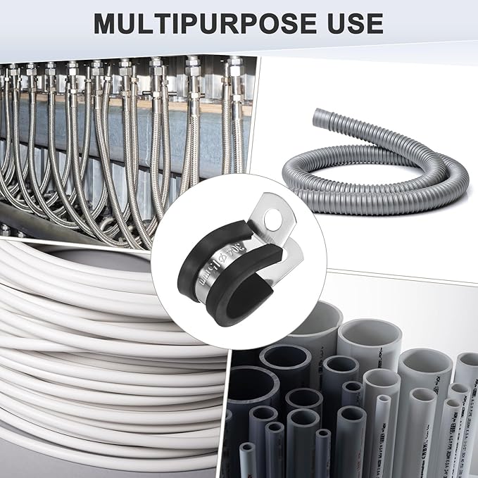 12-Pack Cable Clamps, 19/32 Inch/ 15 mm 304 Stainless Steel Rubber Cushioned Insulated Cable Clamp R Shape Metal Holder for Tube/Wire/Pipe/Loop Installation