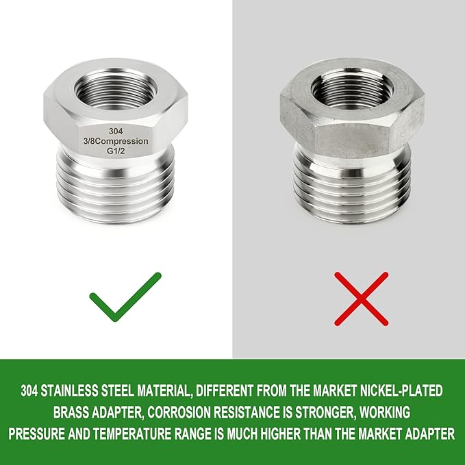 TAISHER 2PCS 304 Stainless Steel Reducer Water Hose Adapter 1/2" G Thread (BSP) × 3/8" Compression Pipe Fitting for kitchen bathroom faucet supply line adapter with rubber gasket
