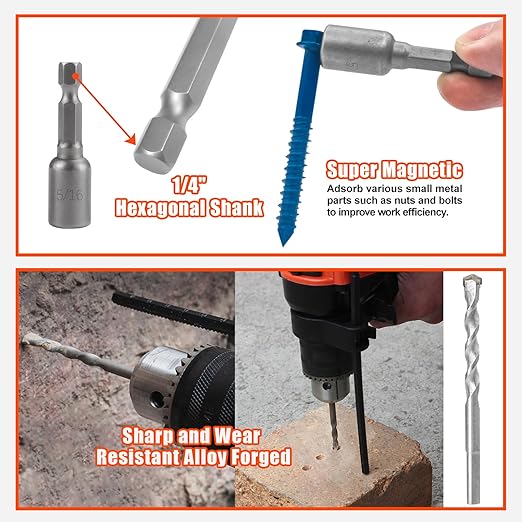 100Pcs 1/4" x2-1/4 Concrete Screws with Drill Bit, Hex Head Concrete Cement Screws Anchor Assortment Kit for Masonry, Block Brick or Stucco