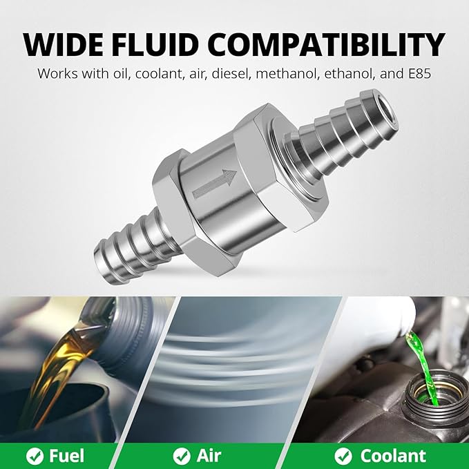 EVIL ENERGY 5/16'' (8mm) Check Valve, 3 Pcs Aluminum One Way Fuel Check Valve for Gasoline, Diesel & Coolant with Universal Hose Clamps, Silver